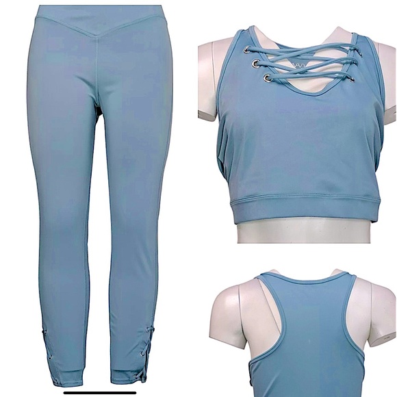 WAVE Beautiful SkyBlue 2pc Work Out Lycra Stretch Criss Cross Tank & Leggings XL - Picture 2 of 15